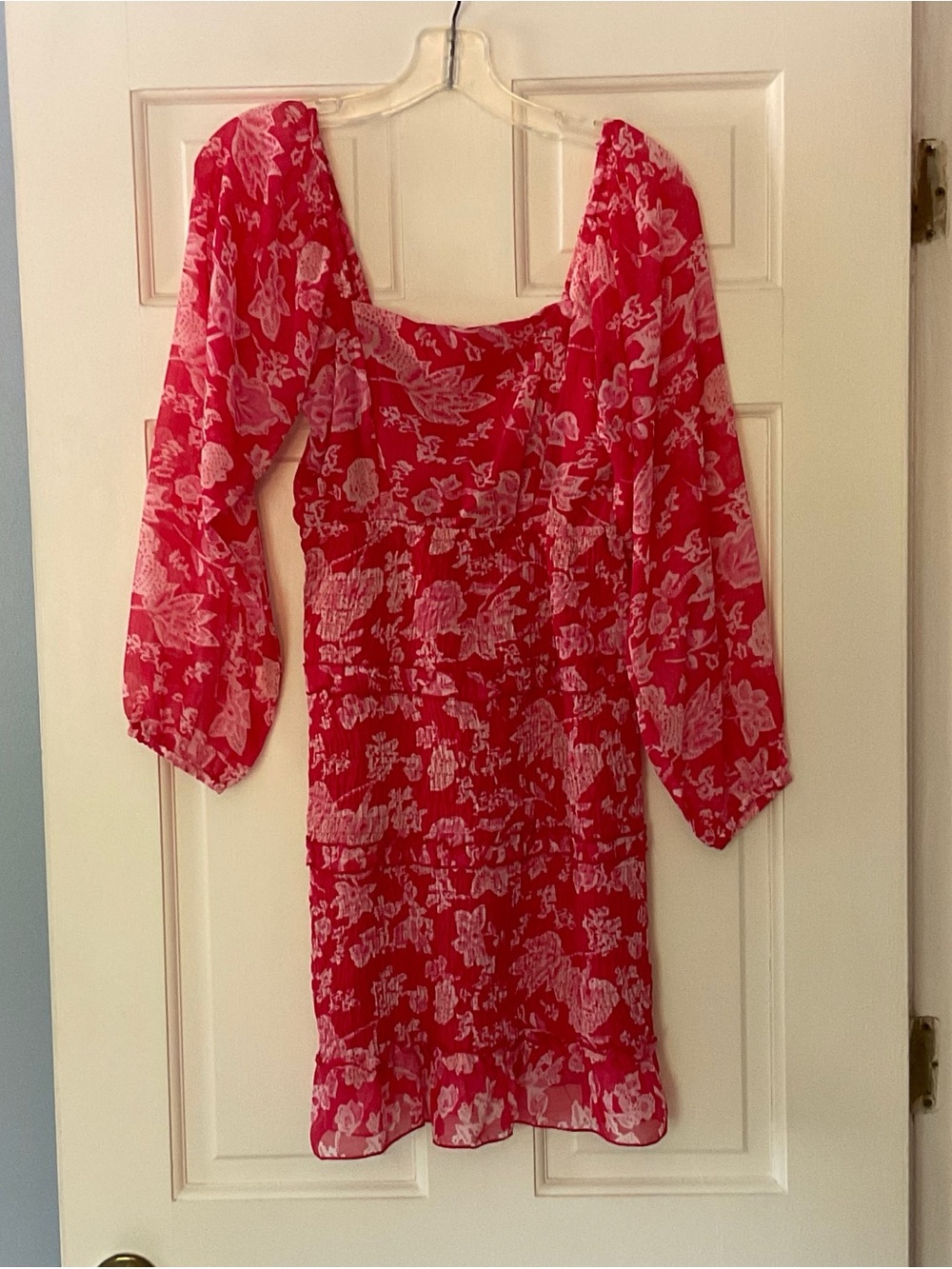 Sim & Sam Square Neck Mini Dress Small Red Ditsy Floral Smocked Coquette Boho